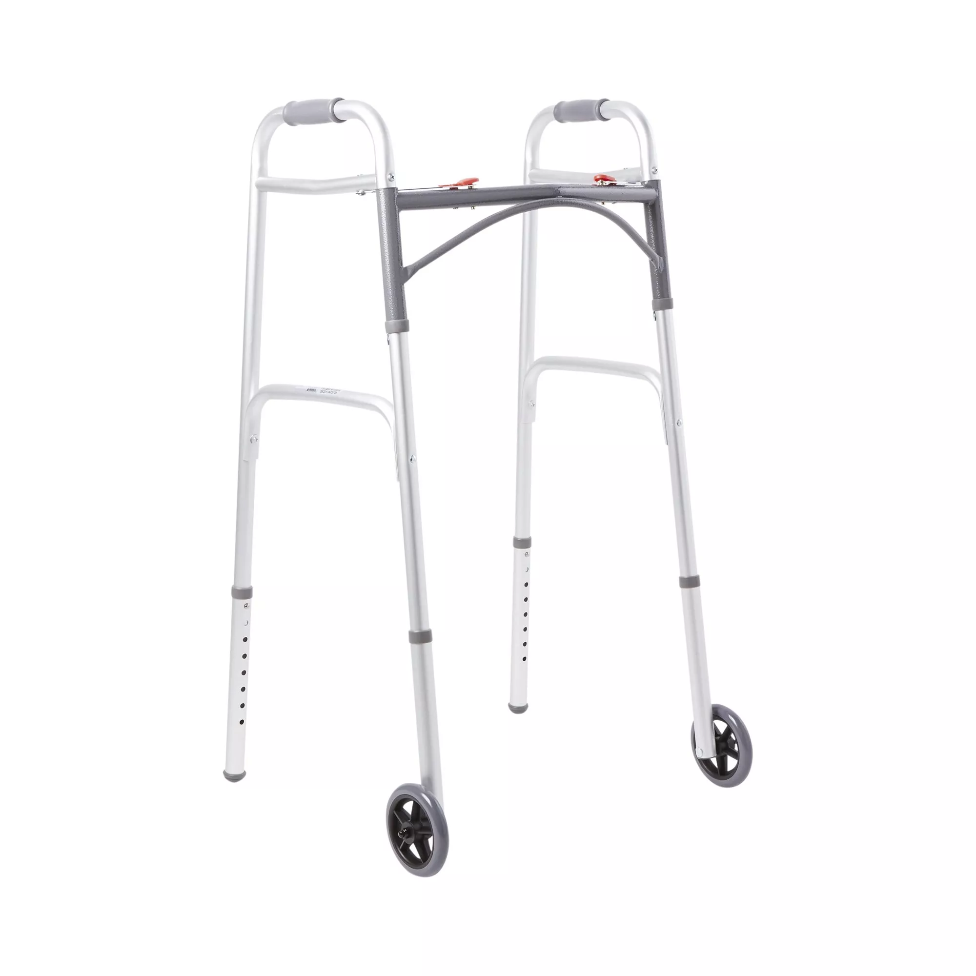 Dual Release Folding Walker with Wheels Adjustable Height McKesson Aluminum Frame 350 lbs. Weight Capacity 32 to 39 Inch Height, 146-10210-1 - Medex Supply