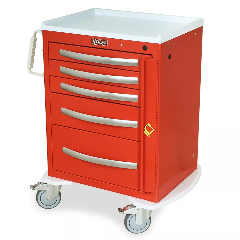 A-Series Lightweight Aluminum Crash Cart, Short Height, Medium Width, Five Drawers, Breakaway Lock, MPA2424B05 - Medex Supply