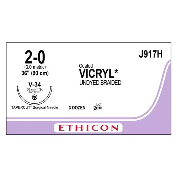 Vicryl Suture 2-0 36" Polyglactin 910 Braid V-34 Undyed 36/Bx - Medex Supply